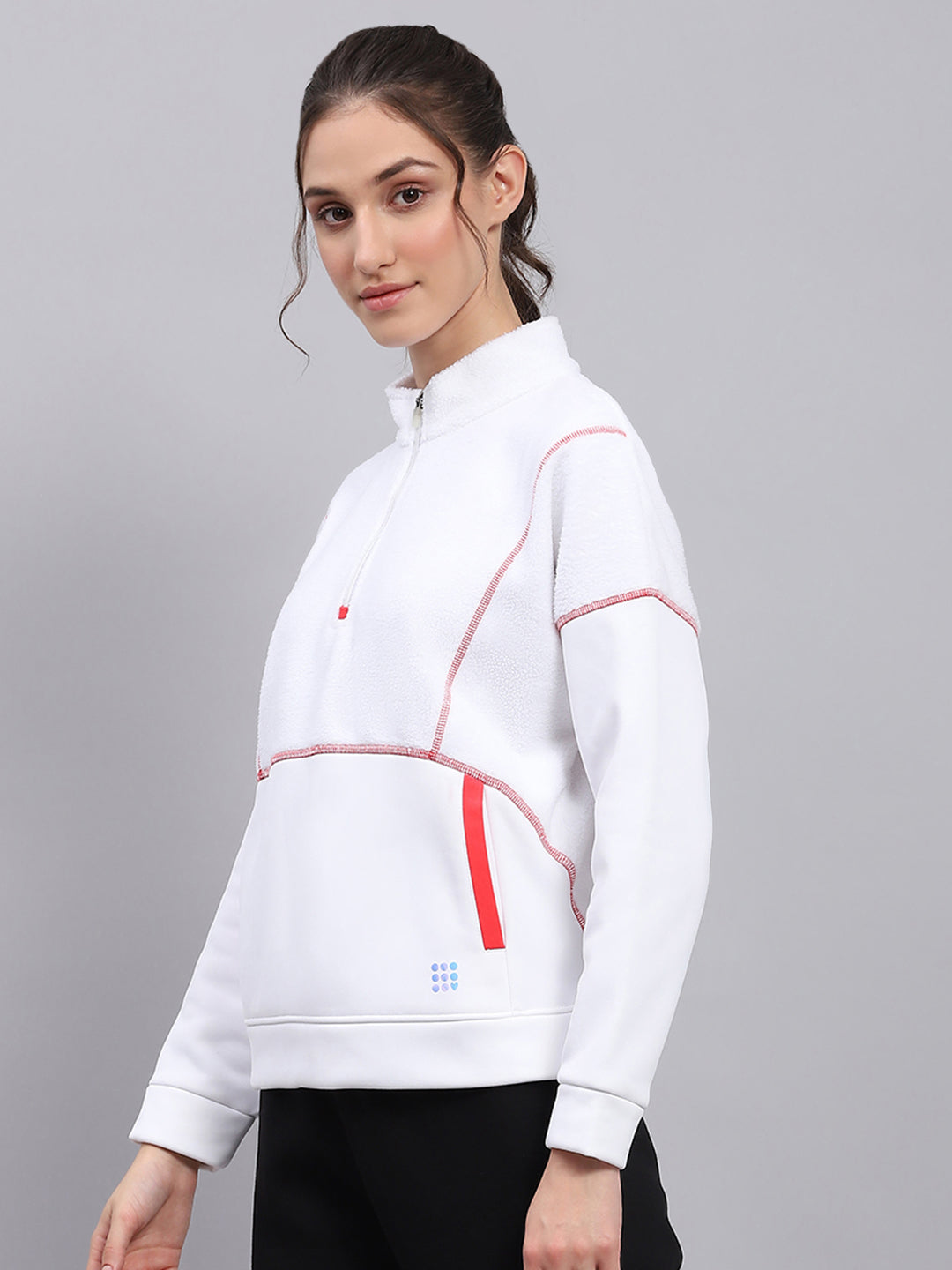 Women White Solid Mock Neck Full Sleeve Sweatshirt