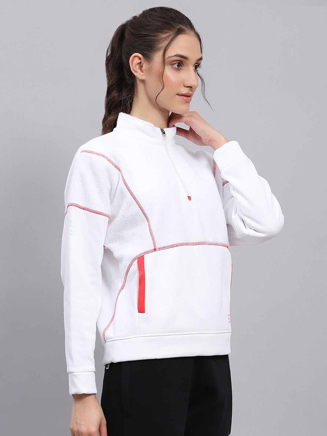 Women White Solid Mock Neck Full Sleeve Sweatshirt