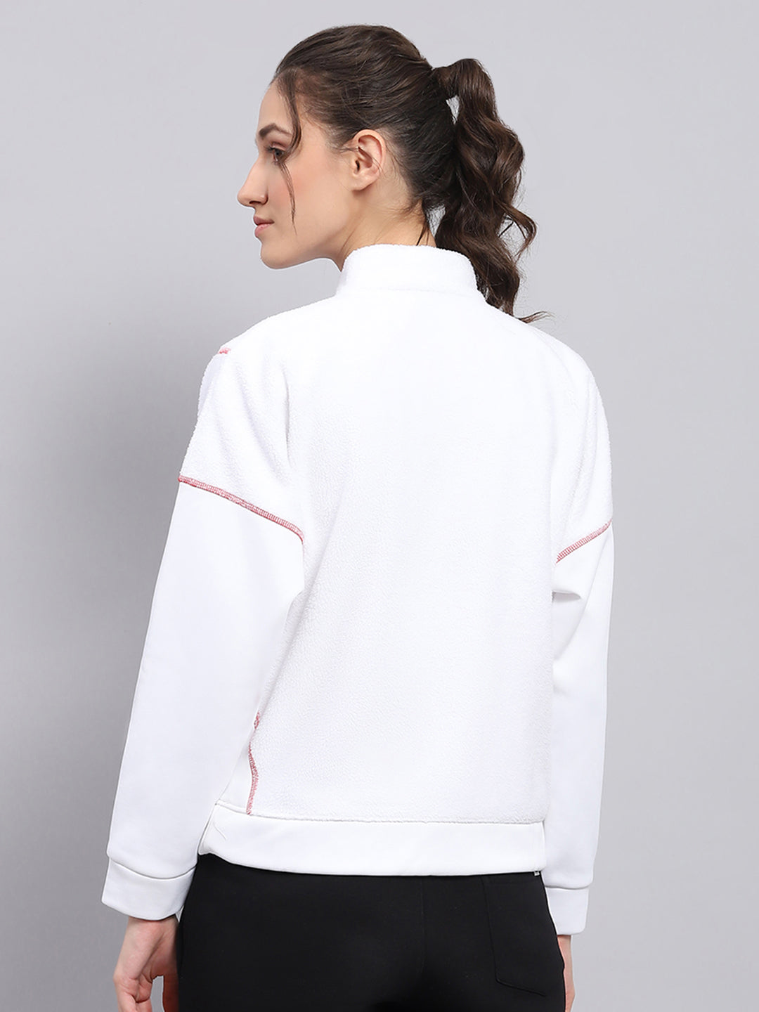 Women White Solid Mock Neck Full Sleeve Sweatshirt