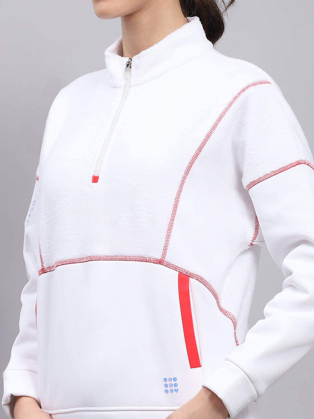 Women White Solid Mock Neck Full Sleeve Sweatshirt
