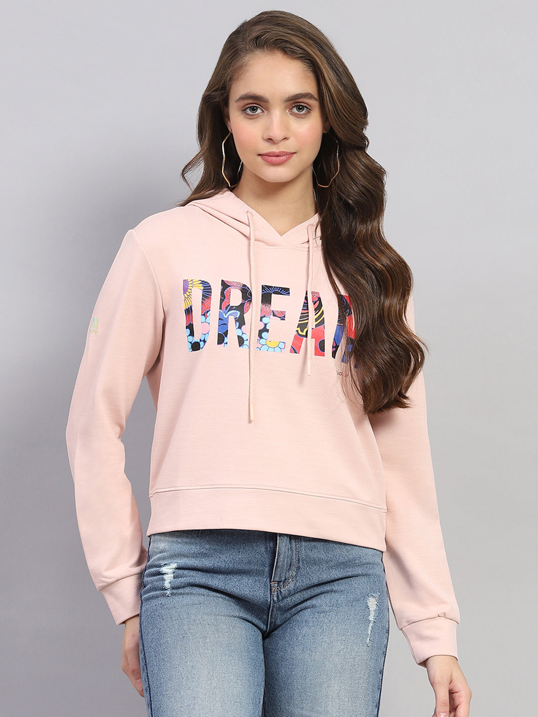 Women Peach Printed Hooded Full Sleeve Sweatshirt