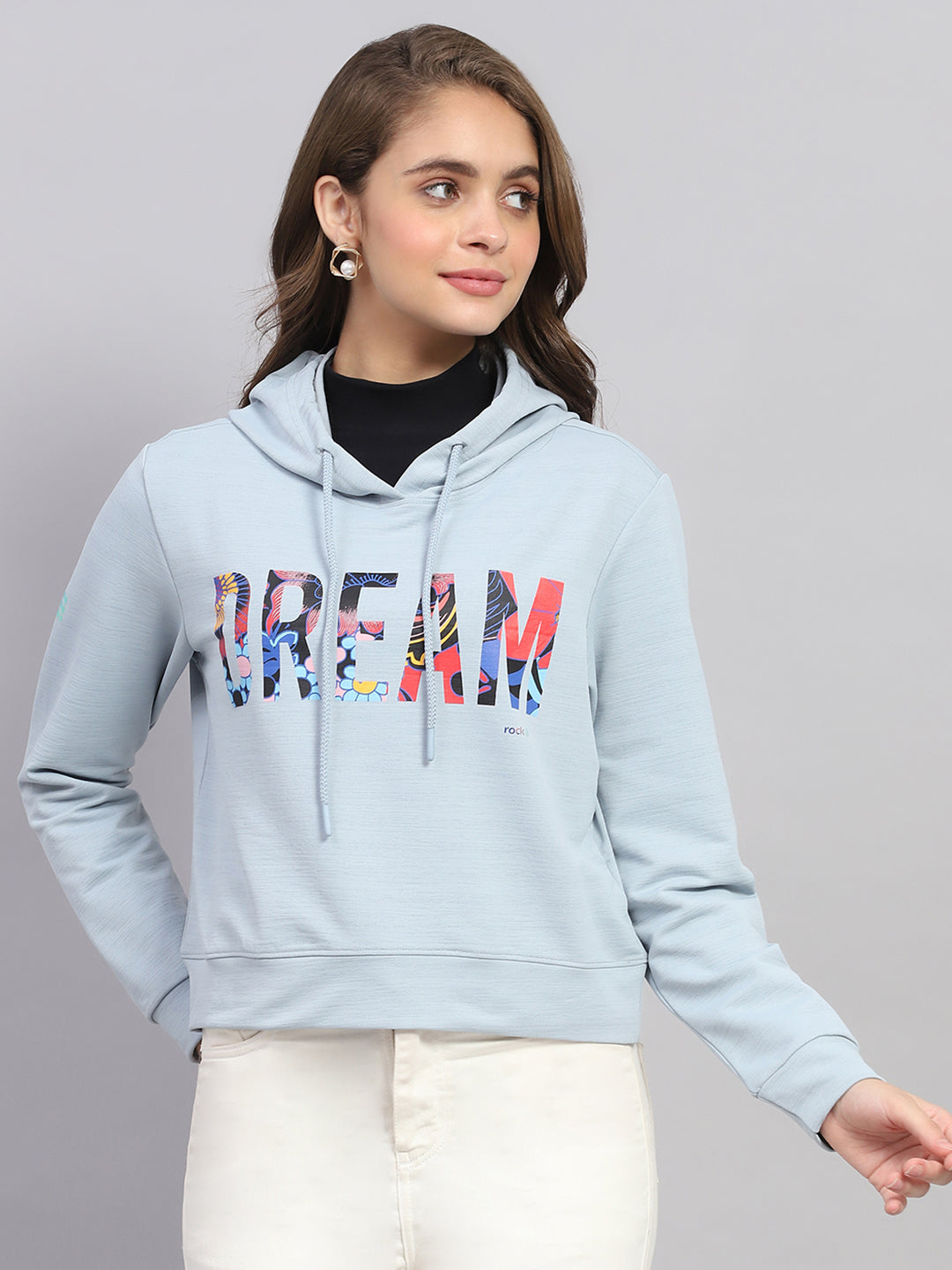 Women Blue Printed Hooded Full Sleeve Sweatshirt
