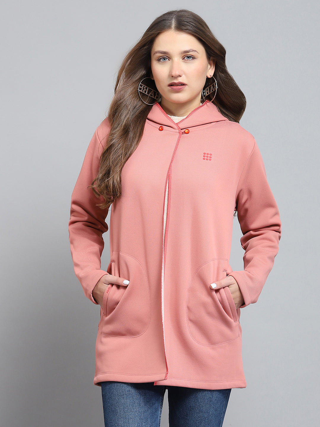 Rock.it Women Peach Solid Hooded Full Sleeve Sweatshirt