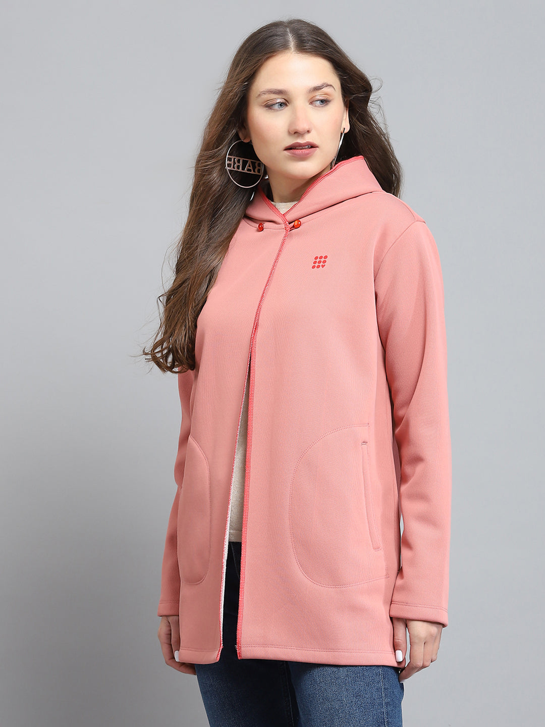 Rock.it Women Peach Solid Hooded Full Sleeve Sweatshirt