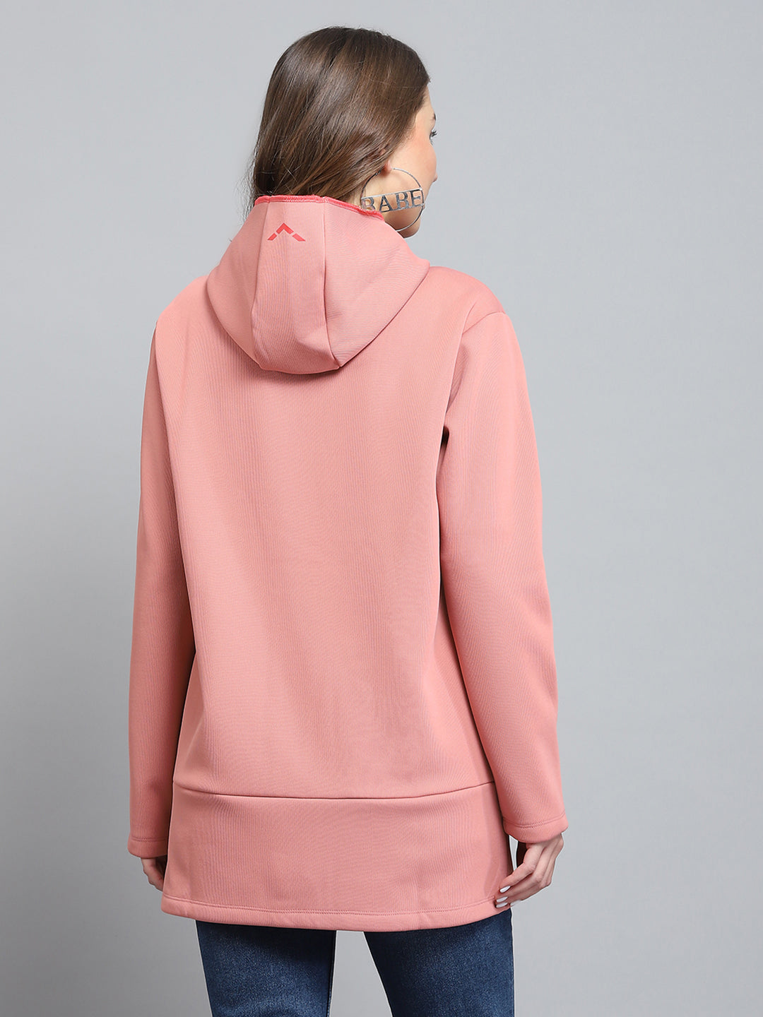 Rock.it Women Peach Solid Hooded Full Sleeve Sweatshirt