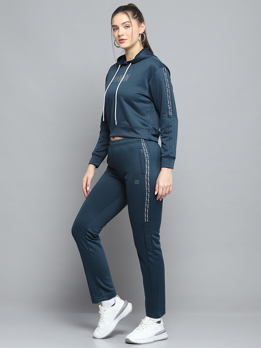 Rock.it Women Teal Blue Printed Hooded Full Sleeve Tracksuit
