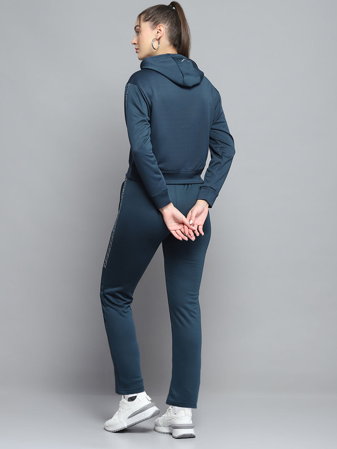 Rock.it Women Teal Blue Printed Hooded Full Sleeve Tracksuit