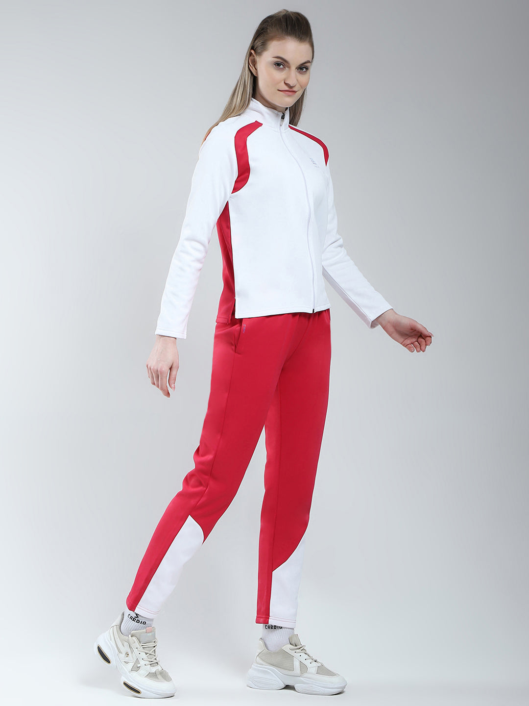 Rock.it Women White & Red Solid Mock Neck Full Sleeve Winter Tracksuit