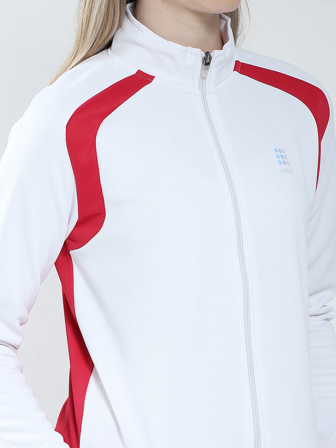 Rock.it Women White & Red Solid Mock Neck Full Sleeve Winter Tracksuit