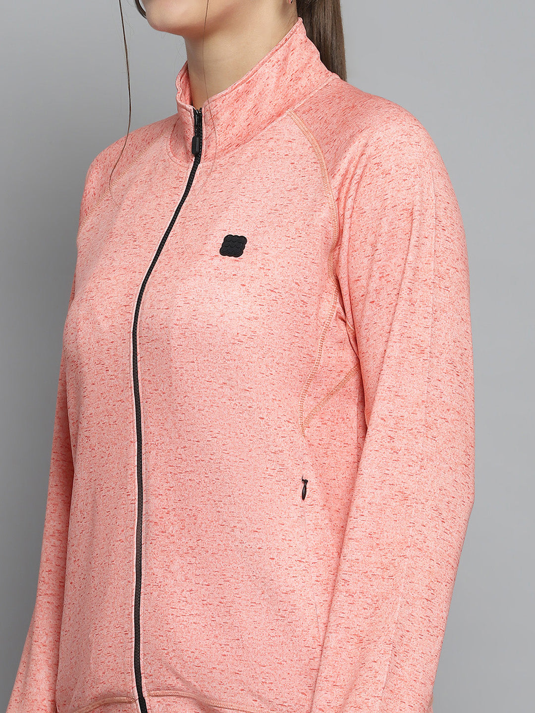 Women Orange Printed Mock Neck Full Sleeve Sweatshirt