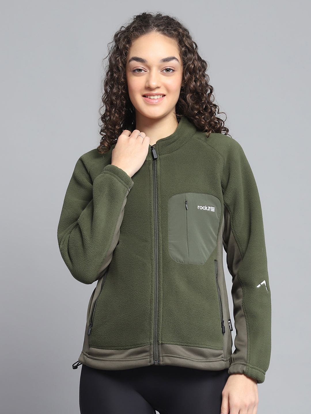 Women Olive Solid Mock Neck Full Sleeve Sweatshirt