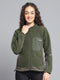 Women Olive Solid Mock Neck Full Sleeve Sweatshirt