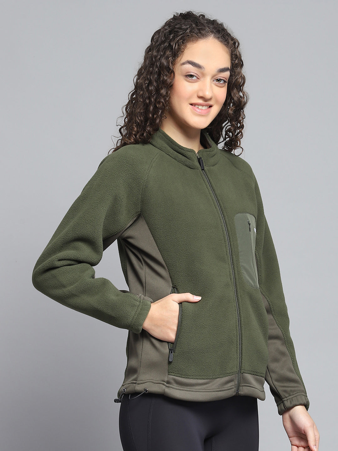 Women Olive Solid Mock Neck Full Sleeve Sweatshirt