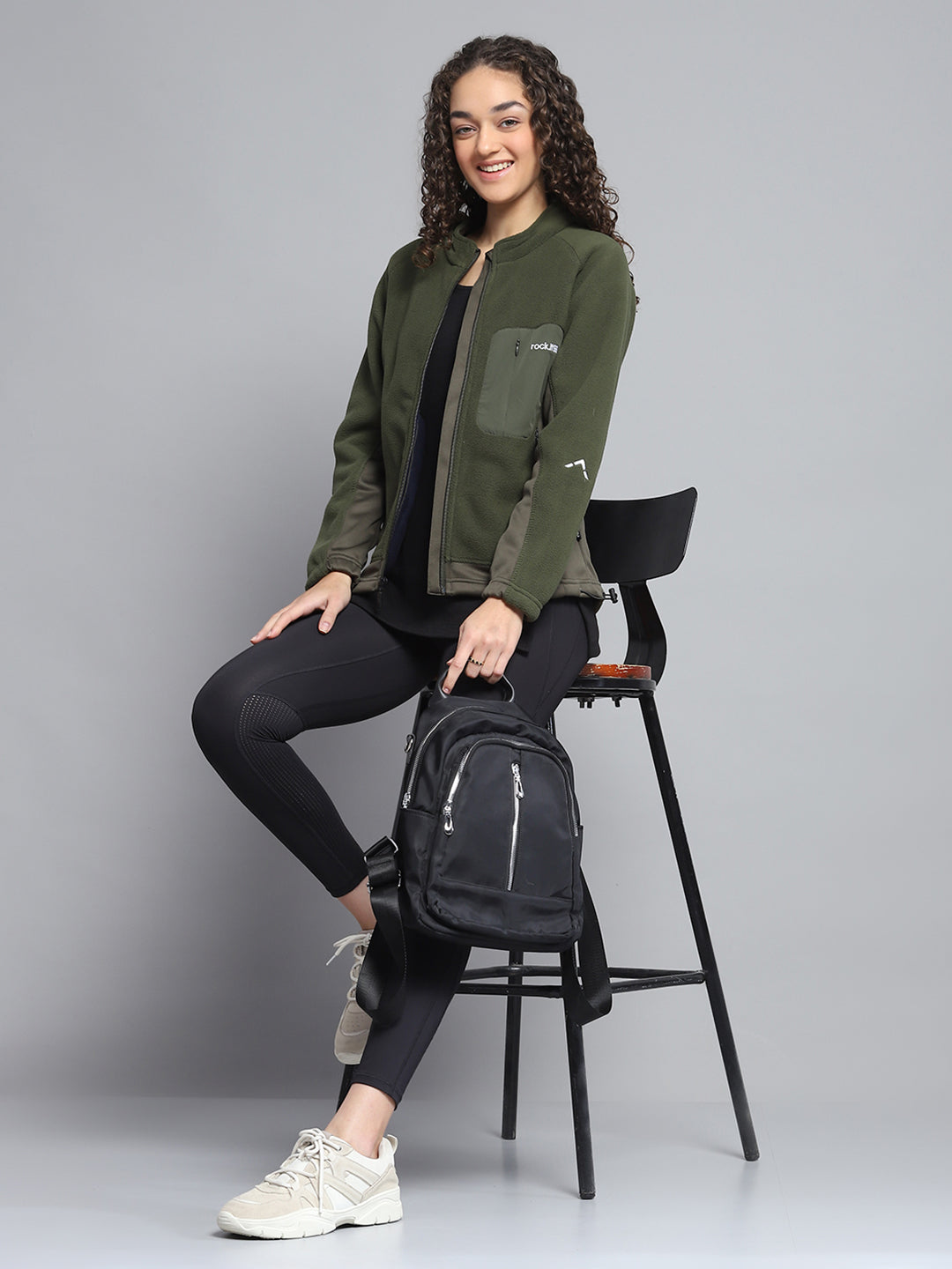 Women Olive Solid Mock Neck Full Sleeve Sweatshirt