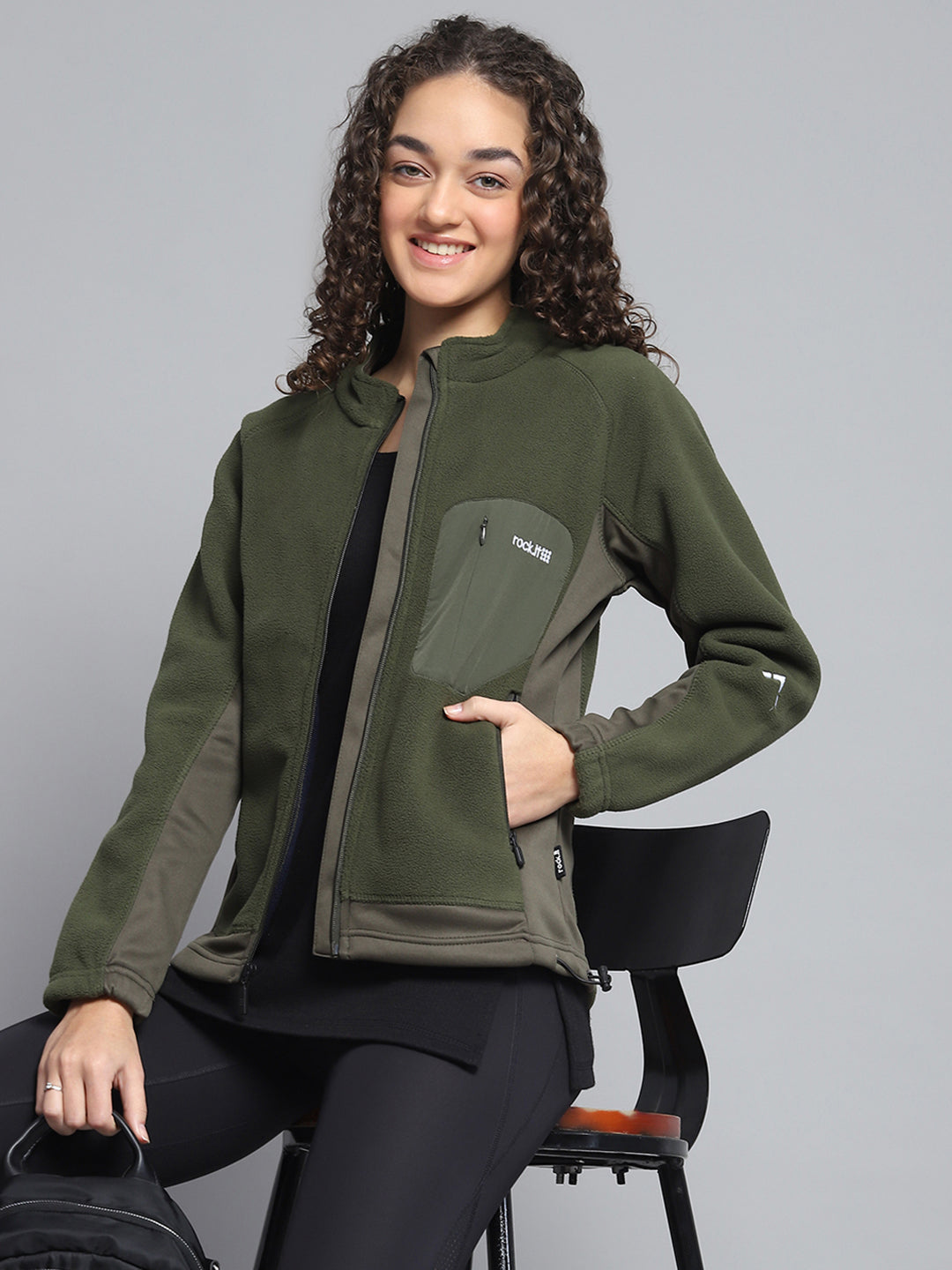 Women Olive Solid Mock Neck Full Sleeve Sweatshirt