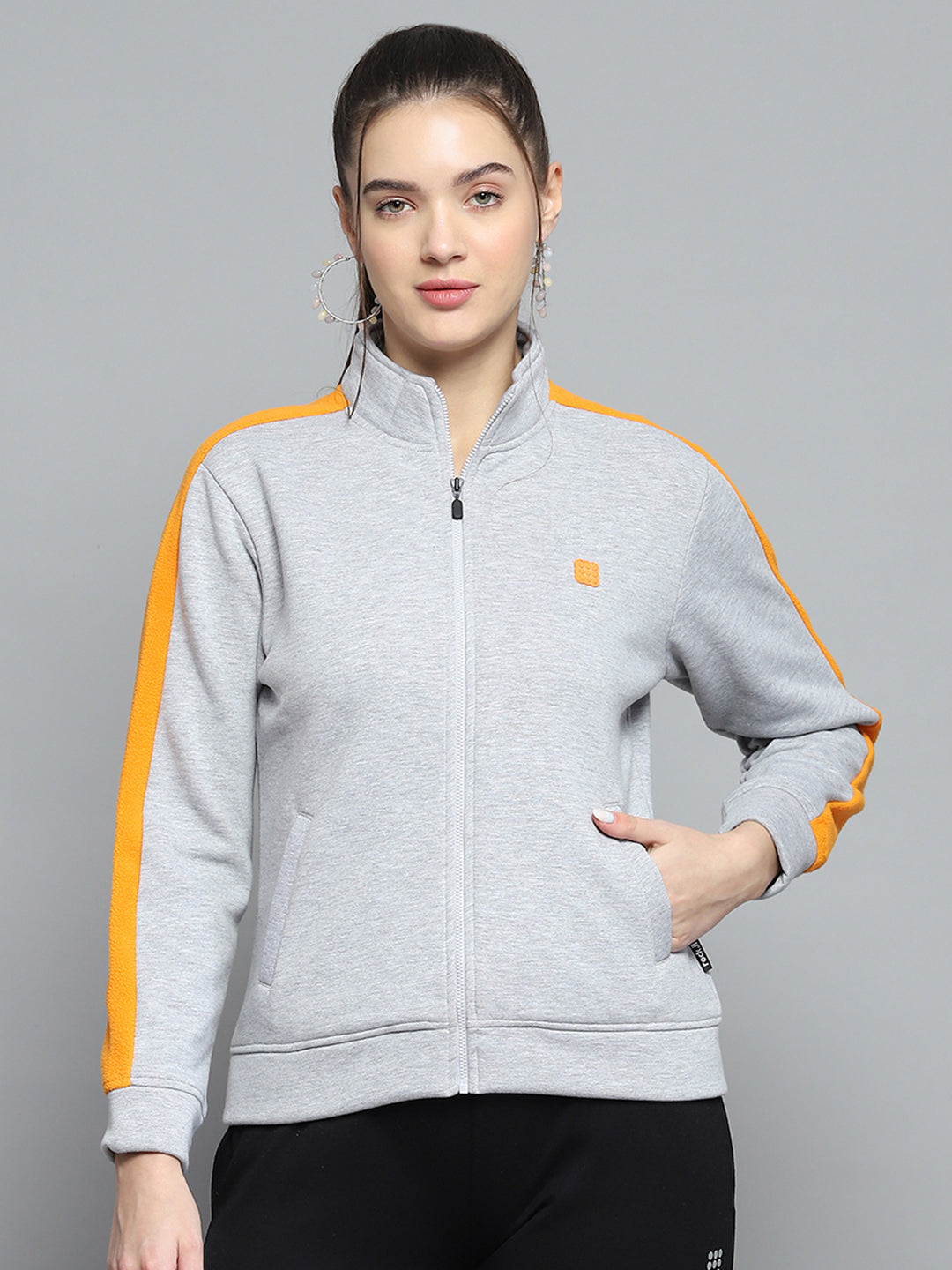 Women Grey Solid Mock Neck Full Sleeve Sweatshirt