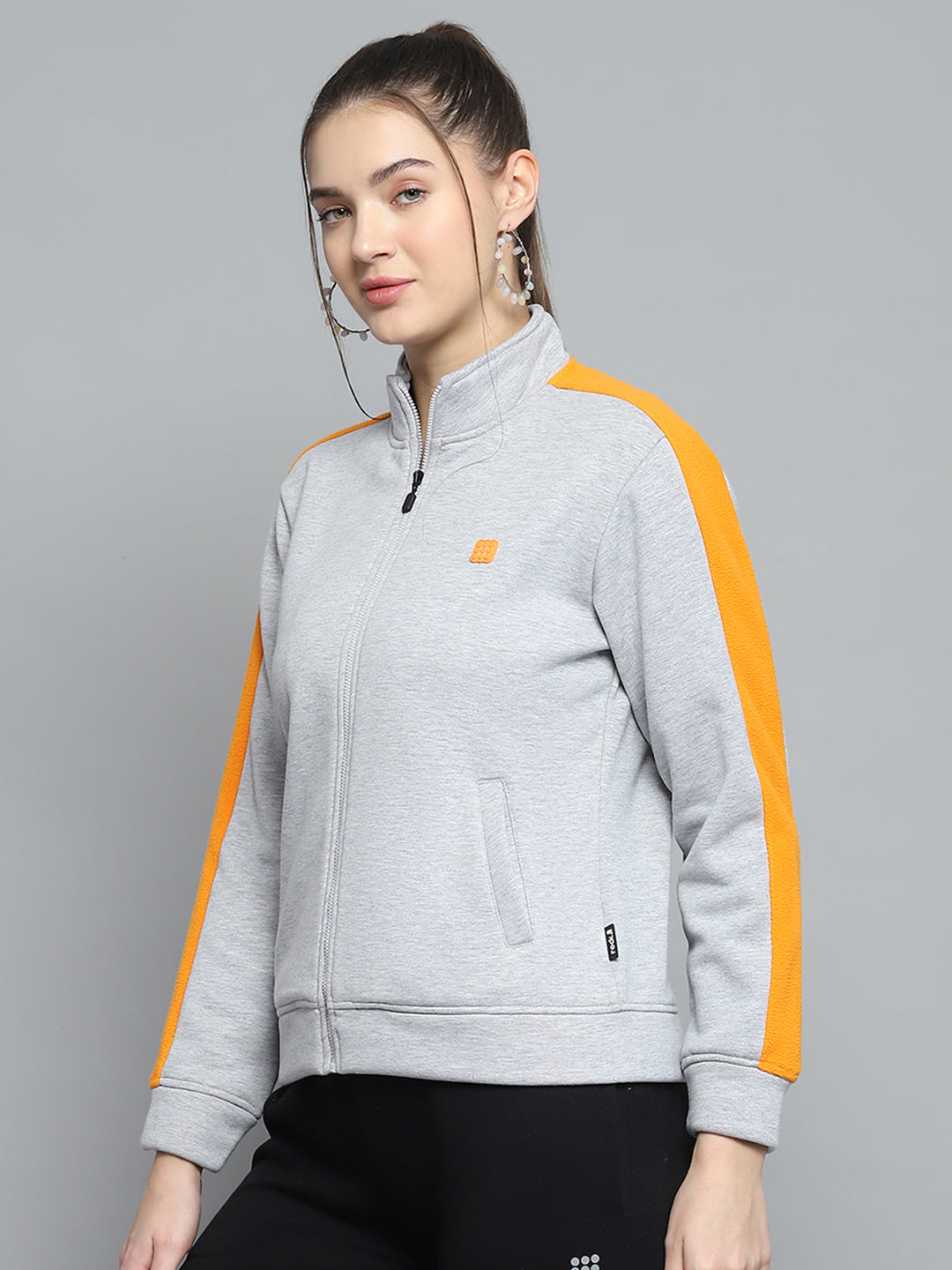 Women Grey Solid Mock Neck Full Sleeve Sweatshirt