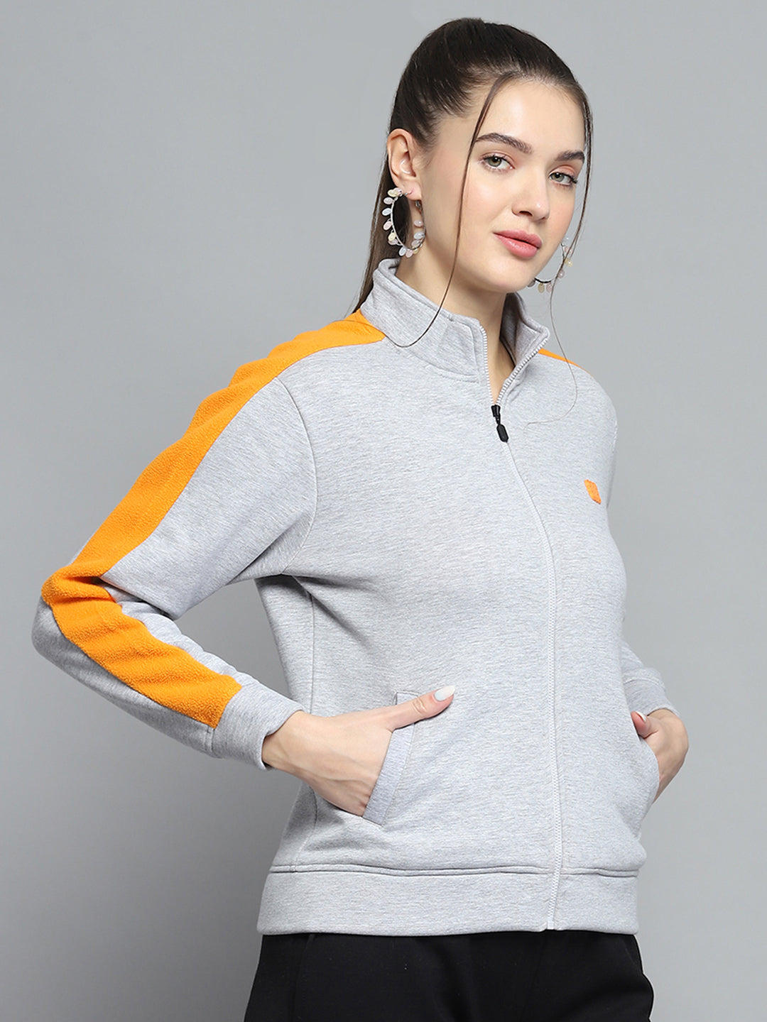 Women Grey Solid Mock Neck Full Sleeve Sweatshirt