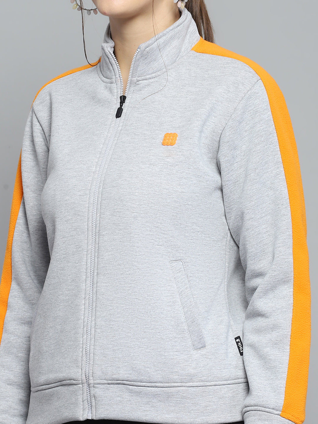Women Grey Solid Mock Neck Full Sleeve Sweatshirt