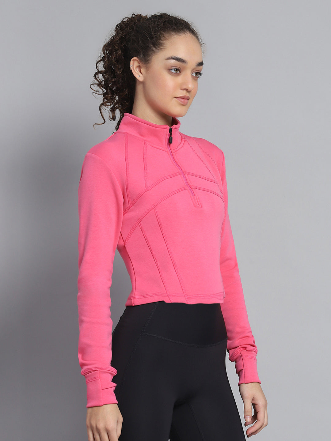 Rock.it Women Pink Solid Mock Neck Full Sleeve Sweatshirt