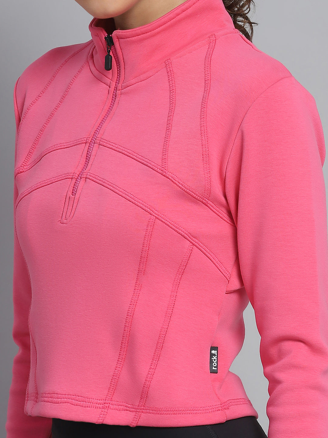 Rock.it Women Pink Solid Mock Neck Full Sleeve Sweatshirt