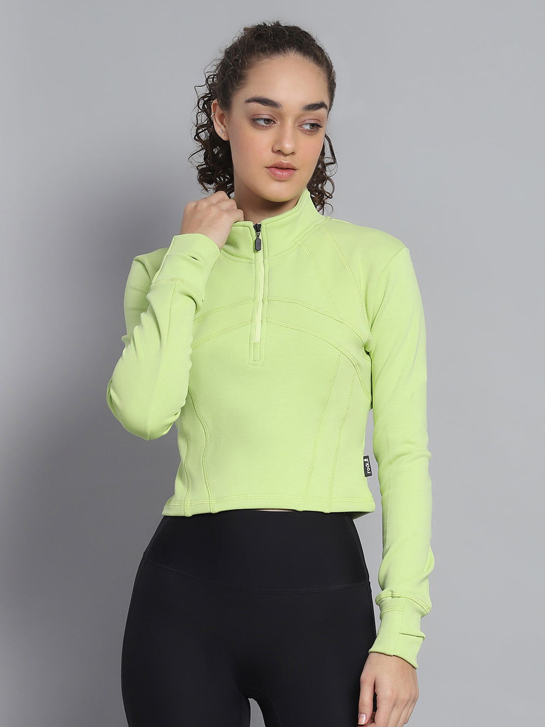 Women Green Solid Mock Neck Full Sleeve Sweatshirt