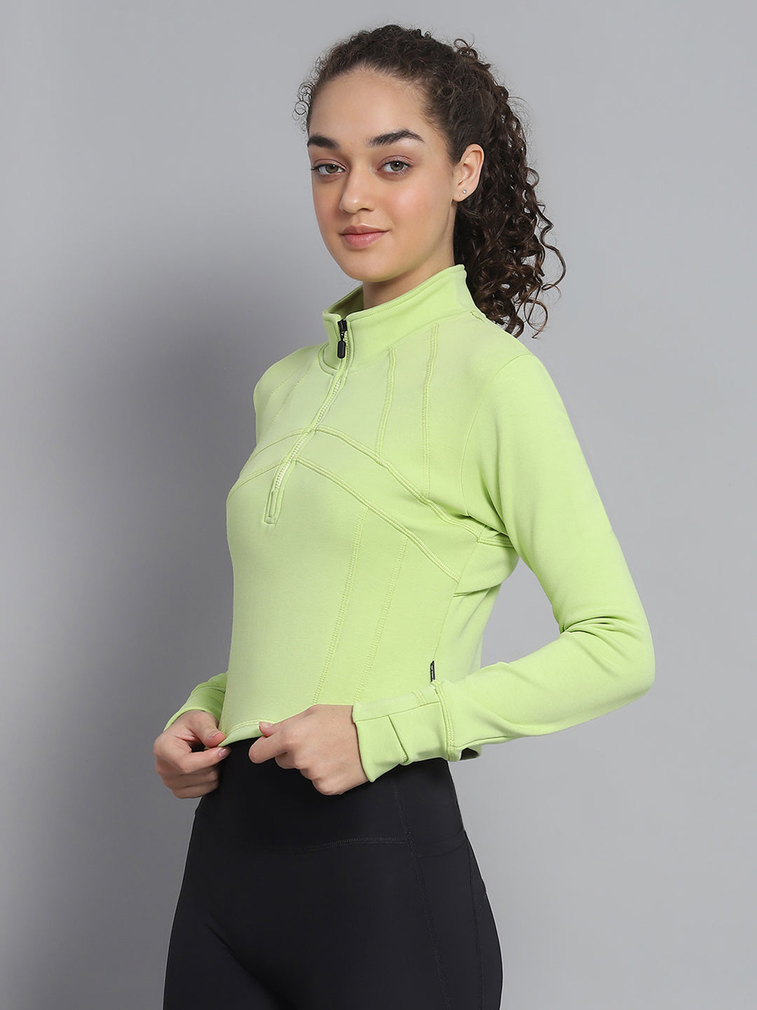 Women Green Solid Mock Neck Full Sleeve Sweatshirt