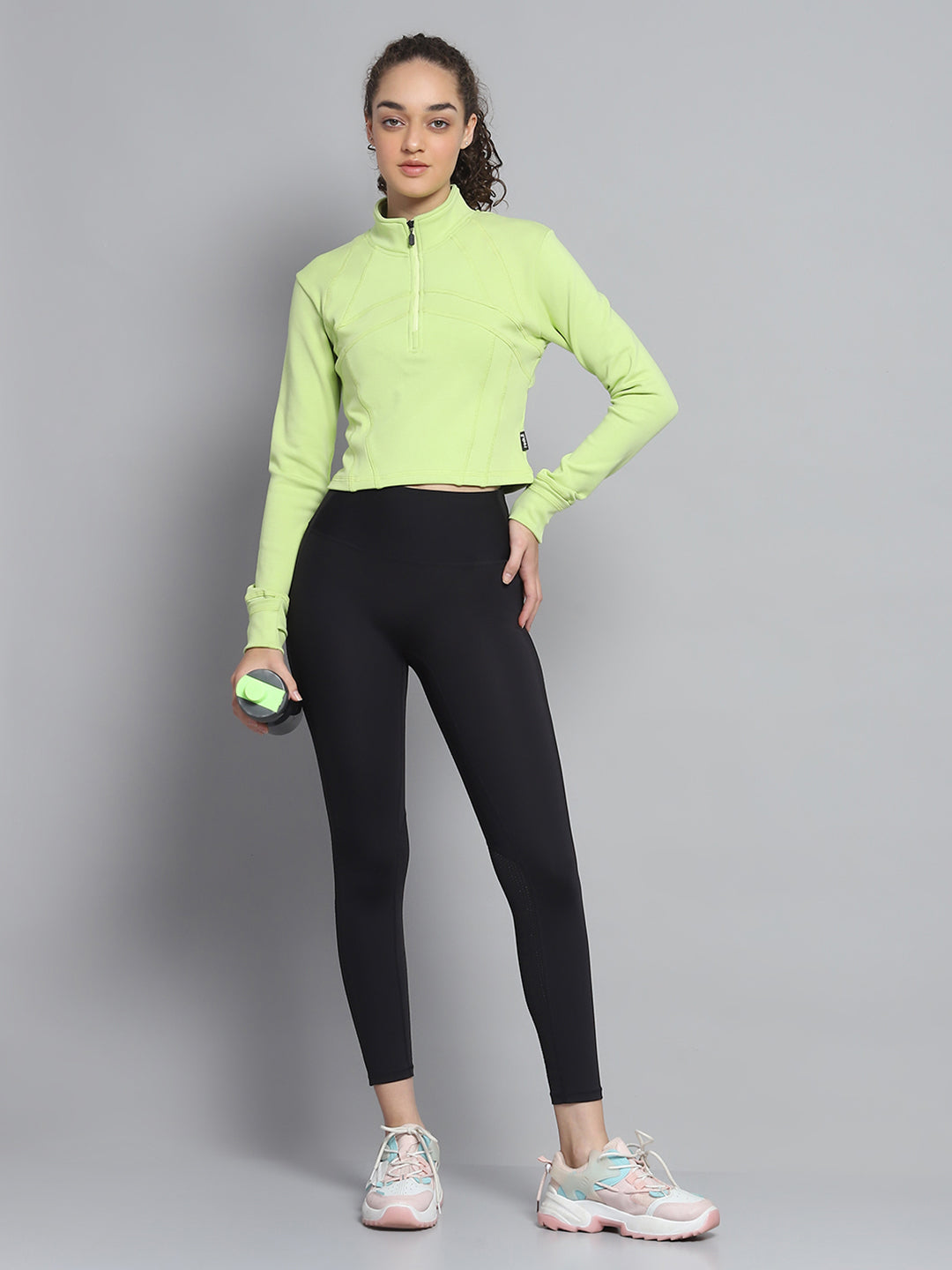 Women Green Solid Mock Neck Full Sleeve Sweatshirt