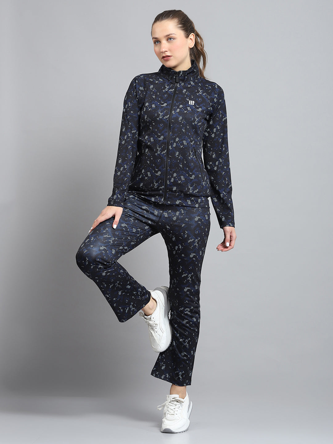 Women Black Printed Mock Neck Full Sleeve Tracksuit