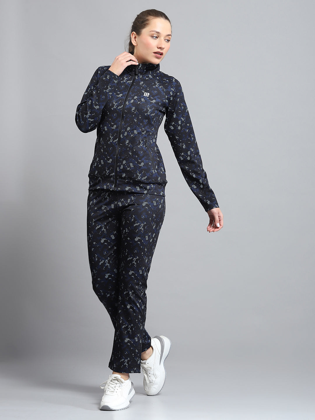 Women Black Printed Mock Neck Full Sleeve Tracksuit