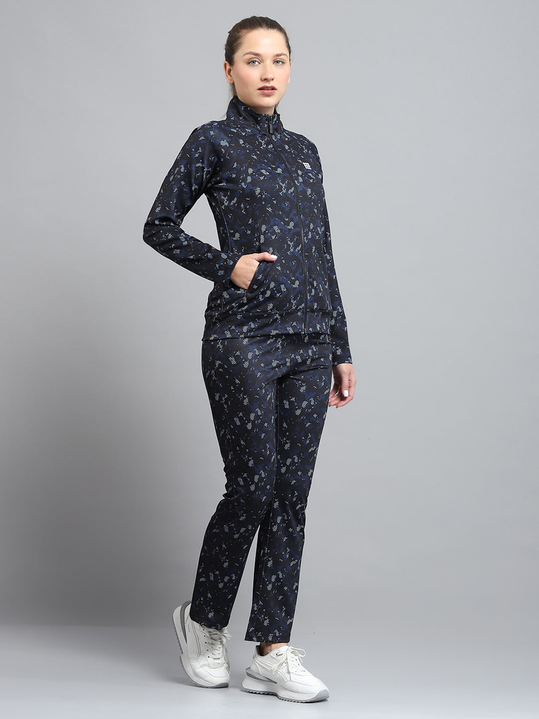 Women Black Printed Mock Neck Full Sleeve Tracksuit