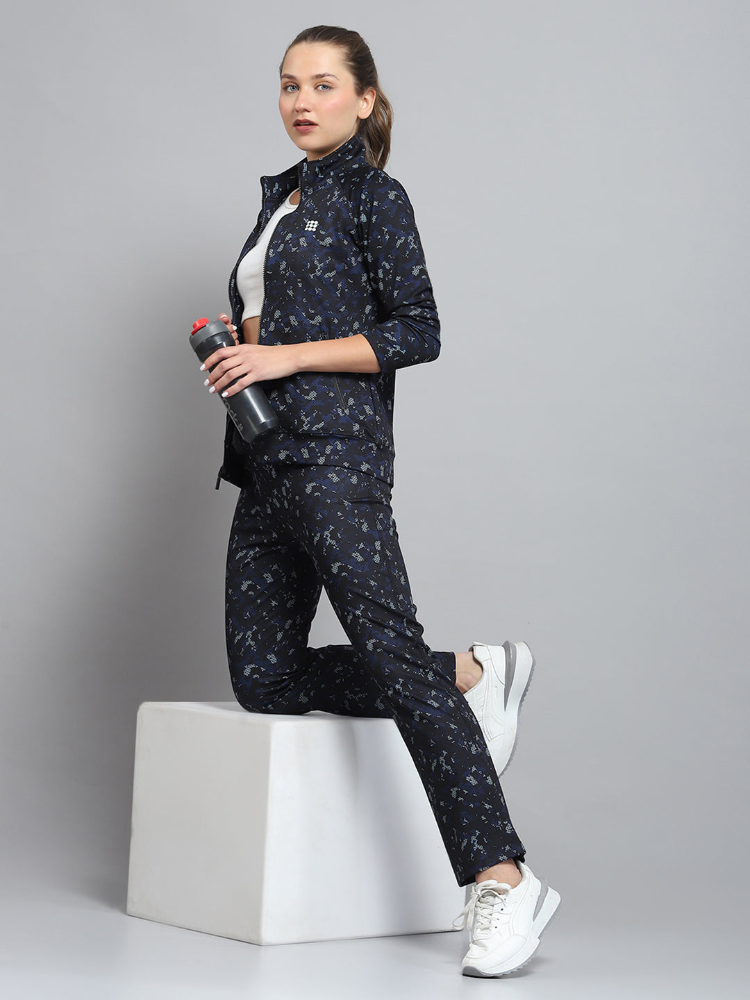 Women Black Printed Mock Neck Full Sleeve Tracksuit