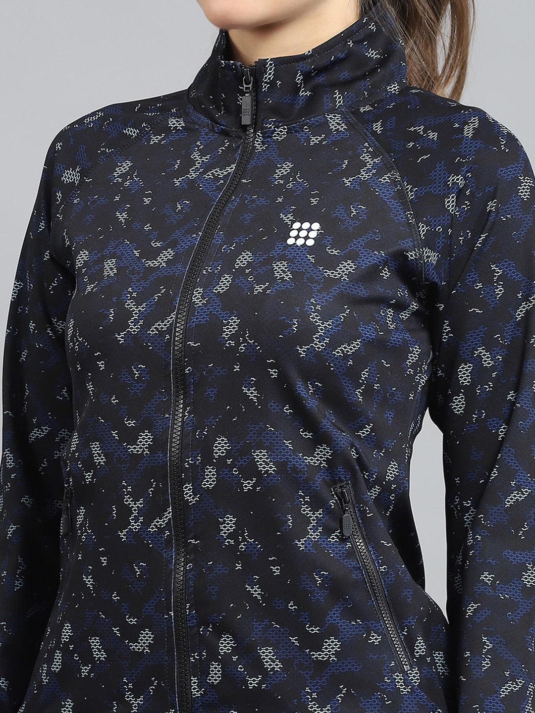 Women Black Printed Mock Neck Full Sleeve Tracksuit