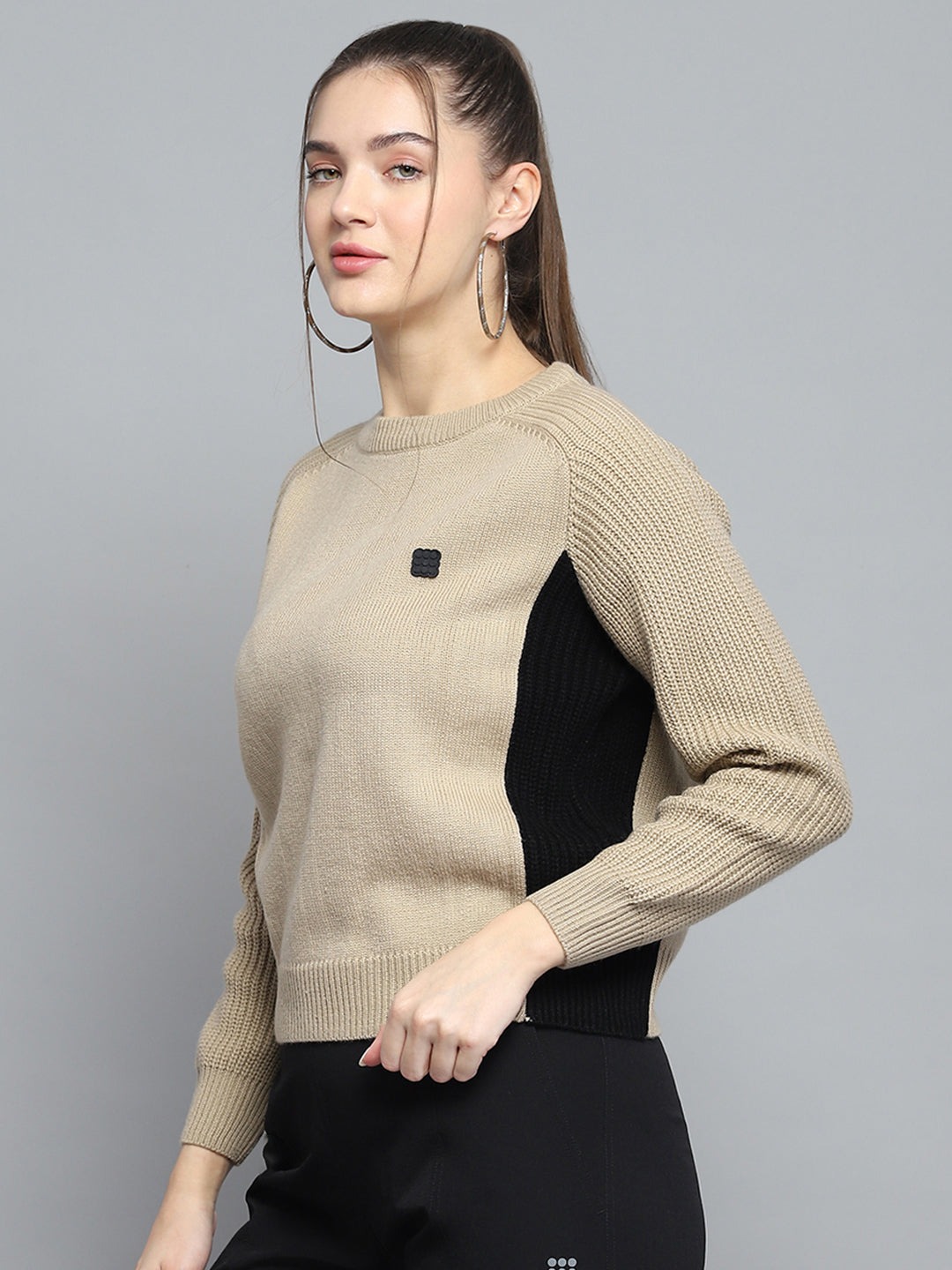 Women Beige Solid Round Neck Full Sleeve Pullover