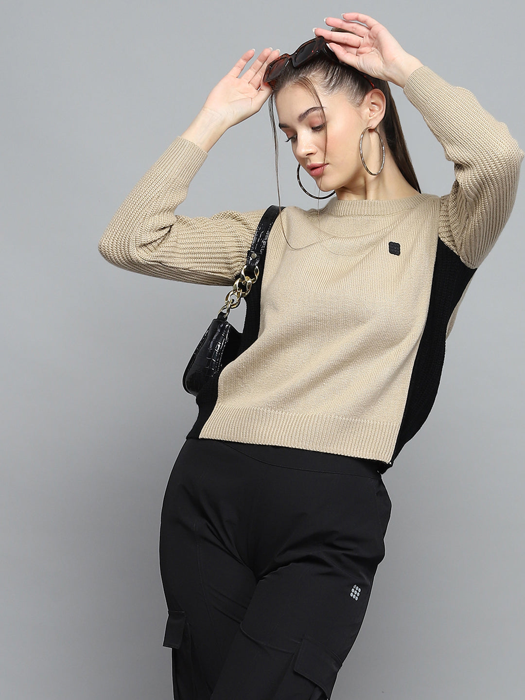 Women Beige Solid Round Neck Full Sleeve Pullover