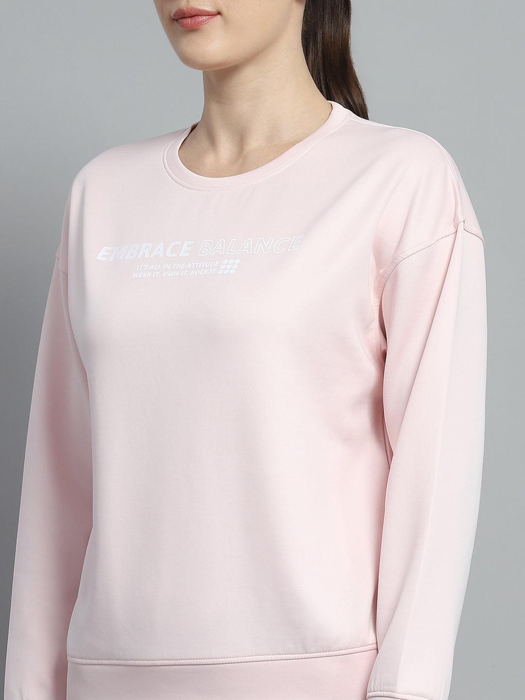 Women Pink Printed Round Neck Full Sleeve Sweatshirt