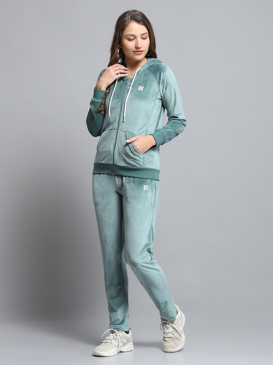 Rock.it Women Green Solid Hooded Full Sleeve Tracksuit