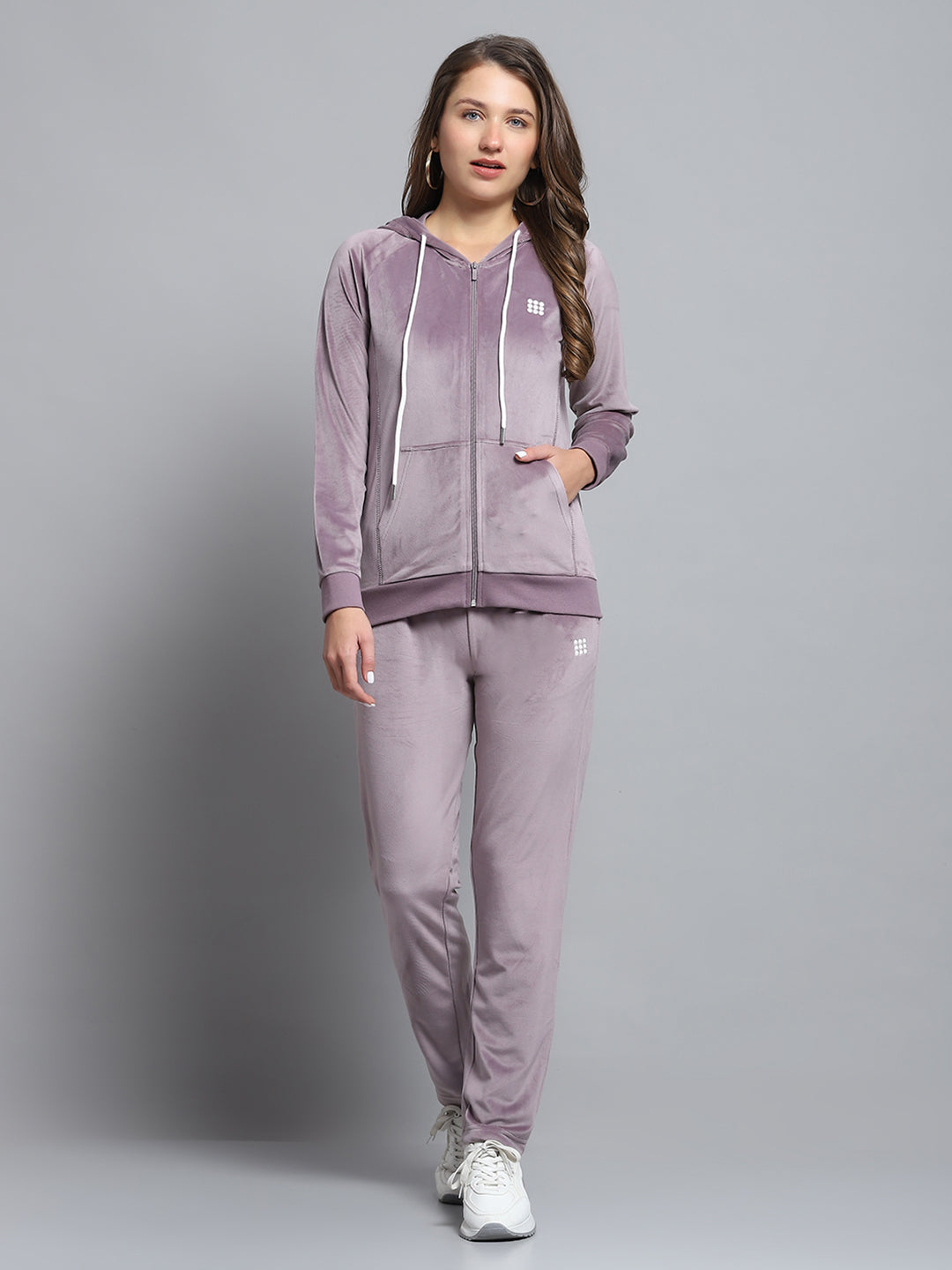 Women Purple Solid Hooded Full Sleeve Tracksuit