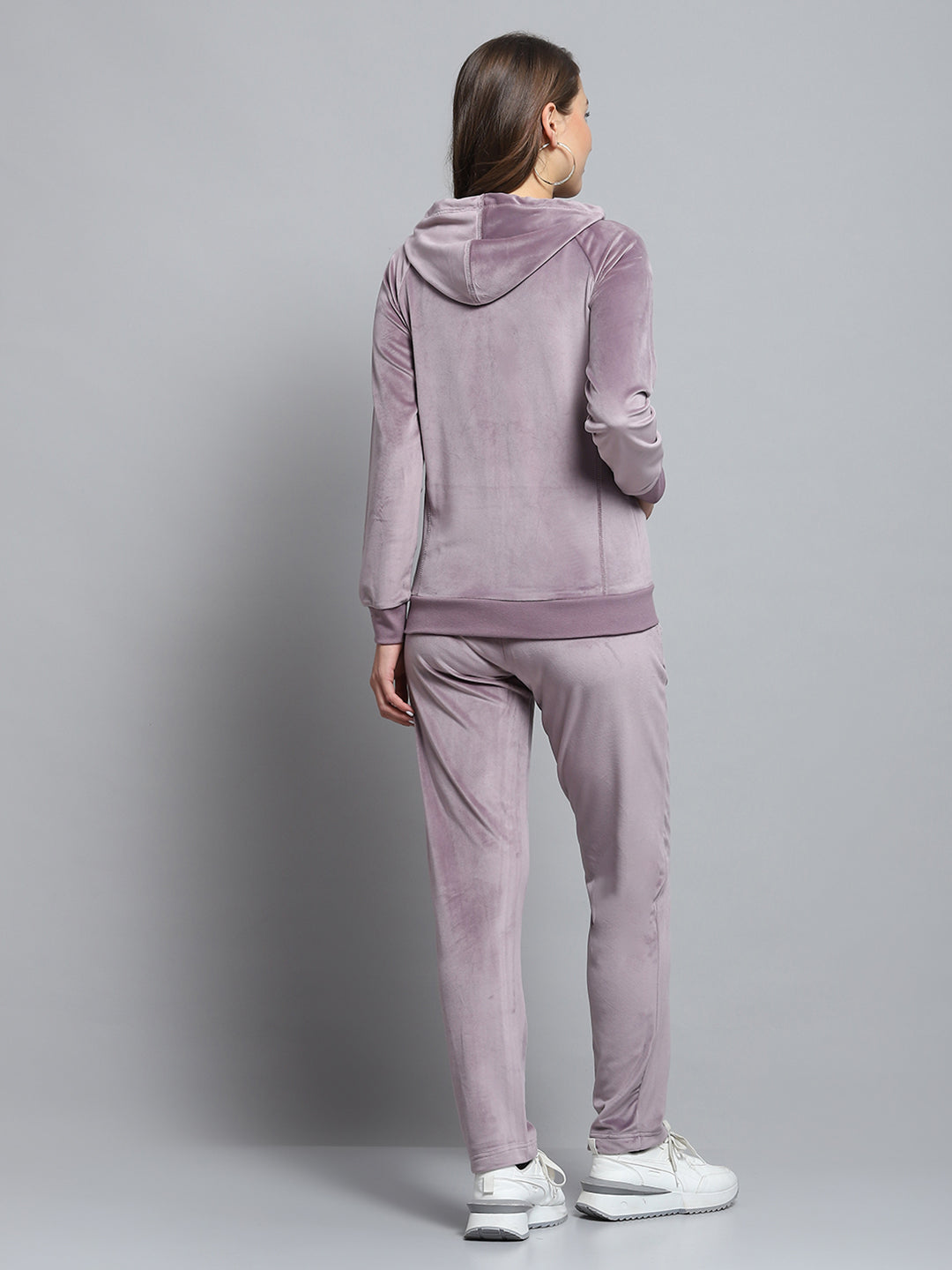 Women Purple Solid Hooded Full Sleeve Tracksuit