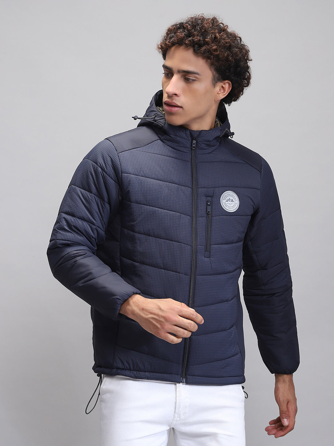 Men Navy Blue Solid Hooded Full Sleeve Jacket