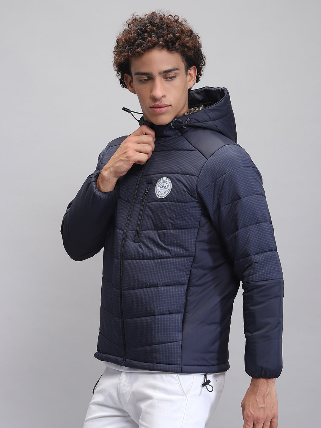 Men Navy Blue Solid Hooded Full Sleeve Jacket