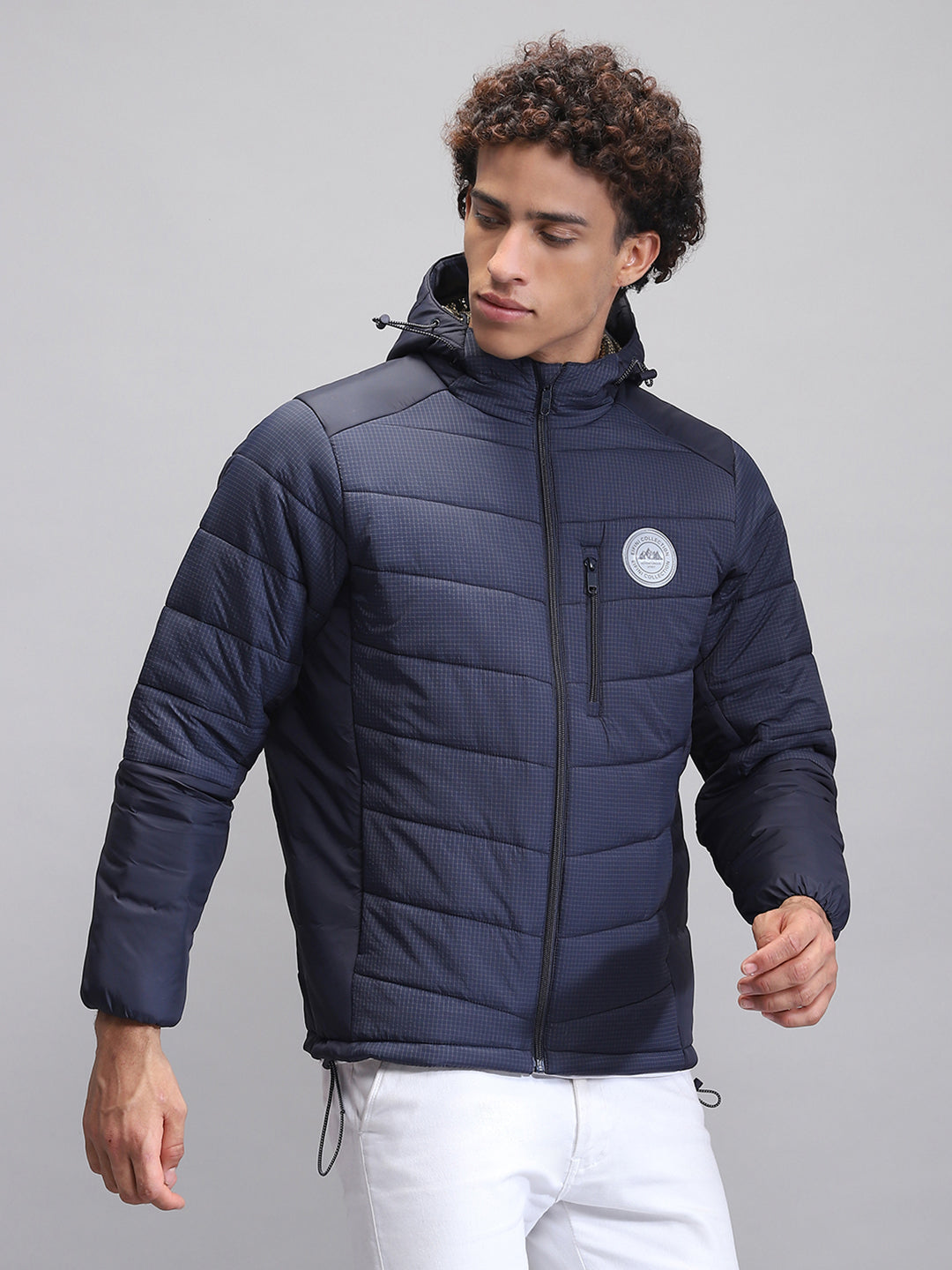 Men Navy Blue Solid Hooded Full Sleeve Jacket