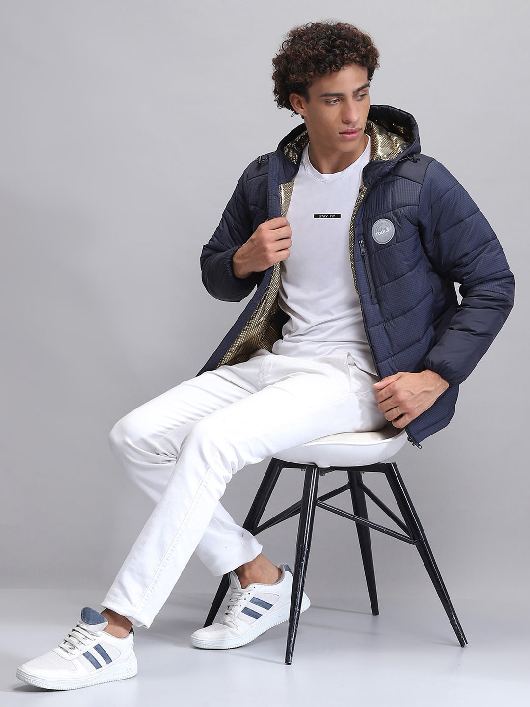 Men Navy Blue Solid Hooded Full Sleeve Jacket