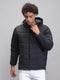 Men Black Solid Hooded Full Sleeve Jacket