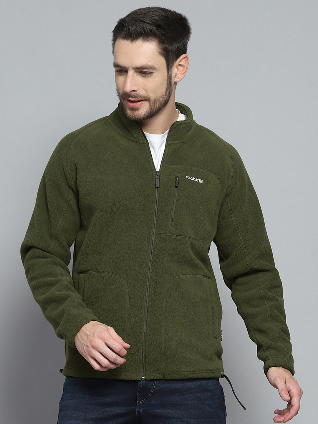 Men Olive Solid Mock Neck Full Sleeve Sweatshirt