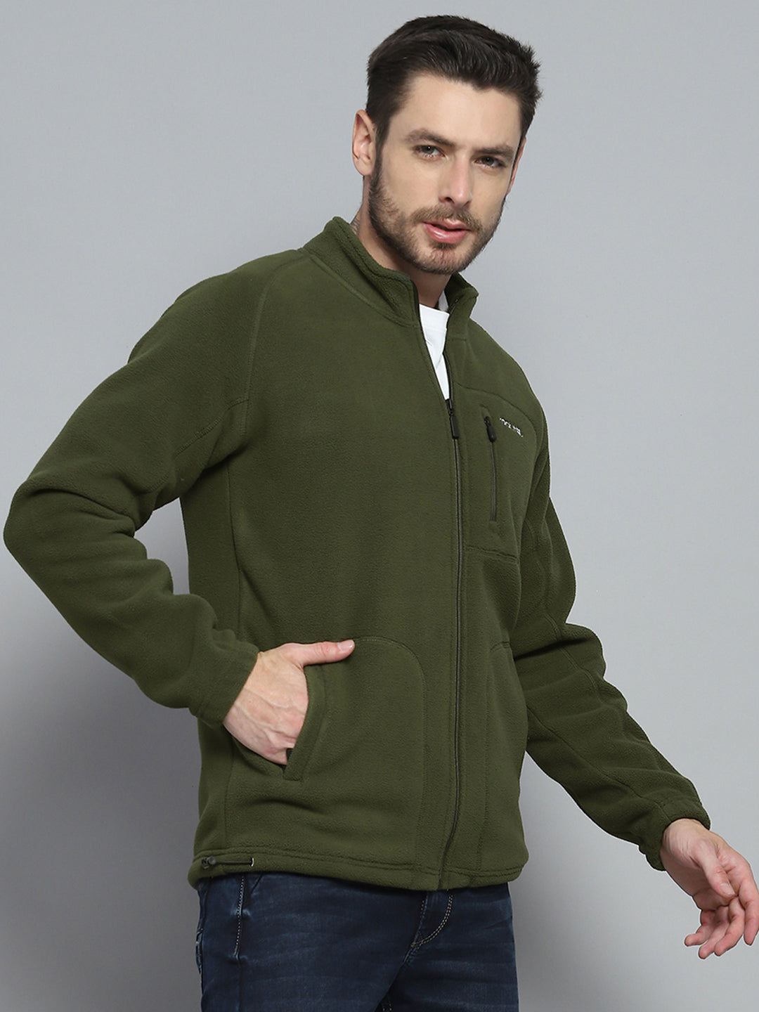 Men Olive Solid Mock Neck Full Sleeve Sweatshirt