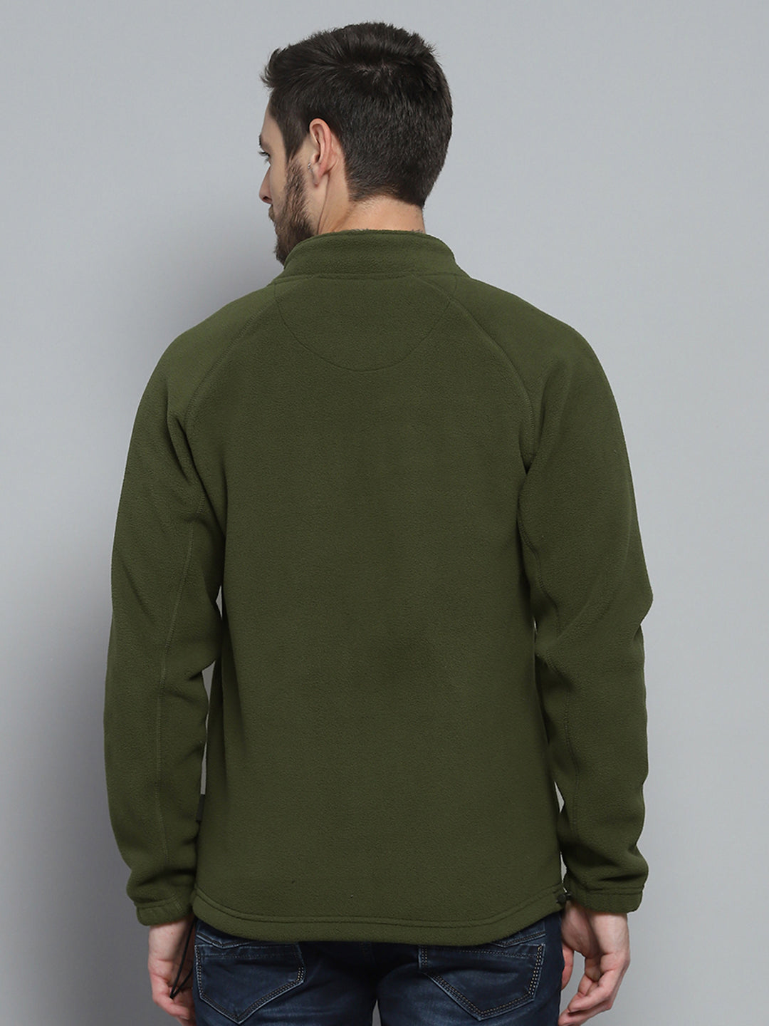 Men Olive Solid Mock Neck Full Sleeve Sweatshirt