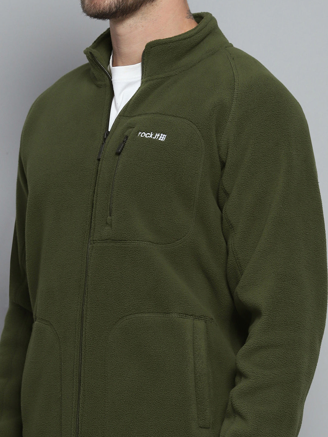 Men Olive Solid Mock Neck Full Sleeve Sweatshirt