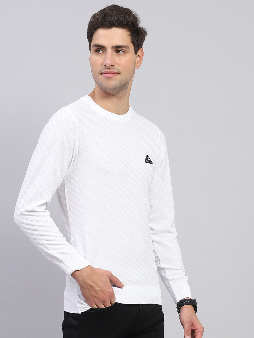 Men White Self Design Round Neck Full Sleeve Pullover