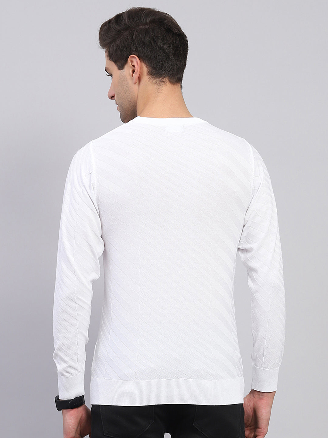 Men White Self Design Round Neck Full Sleeve Pullover